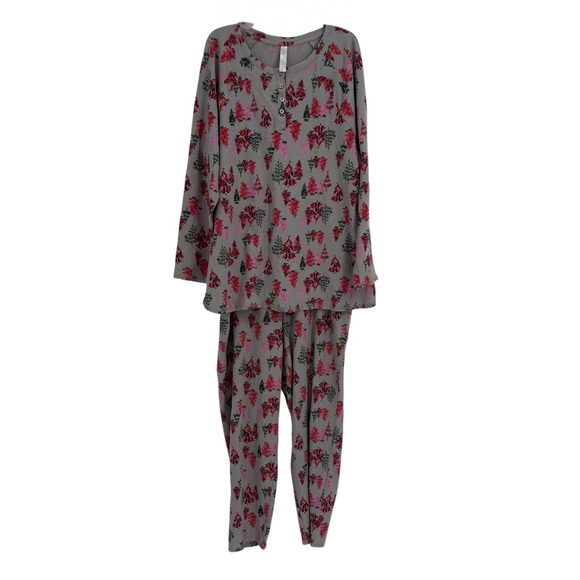 CACIQUE Size 14 /16 Holiday Christmas 2PC Pajama PJ Set Thermal Gray Xmas Trees - Picture 1 of 7